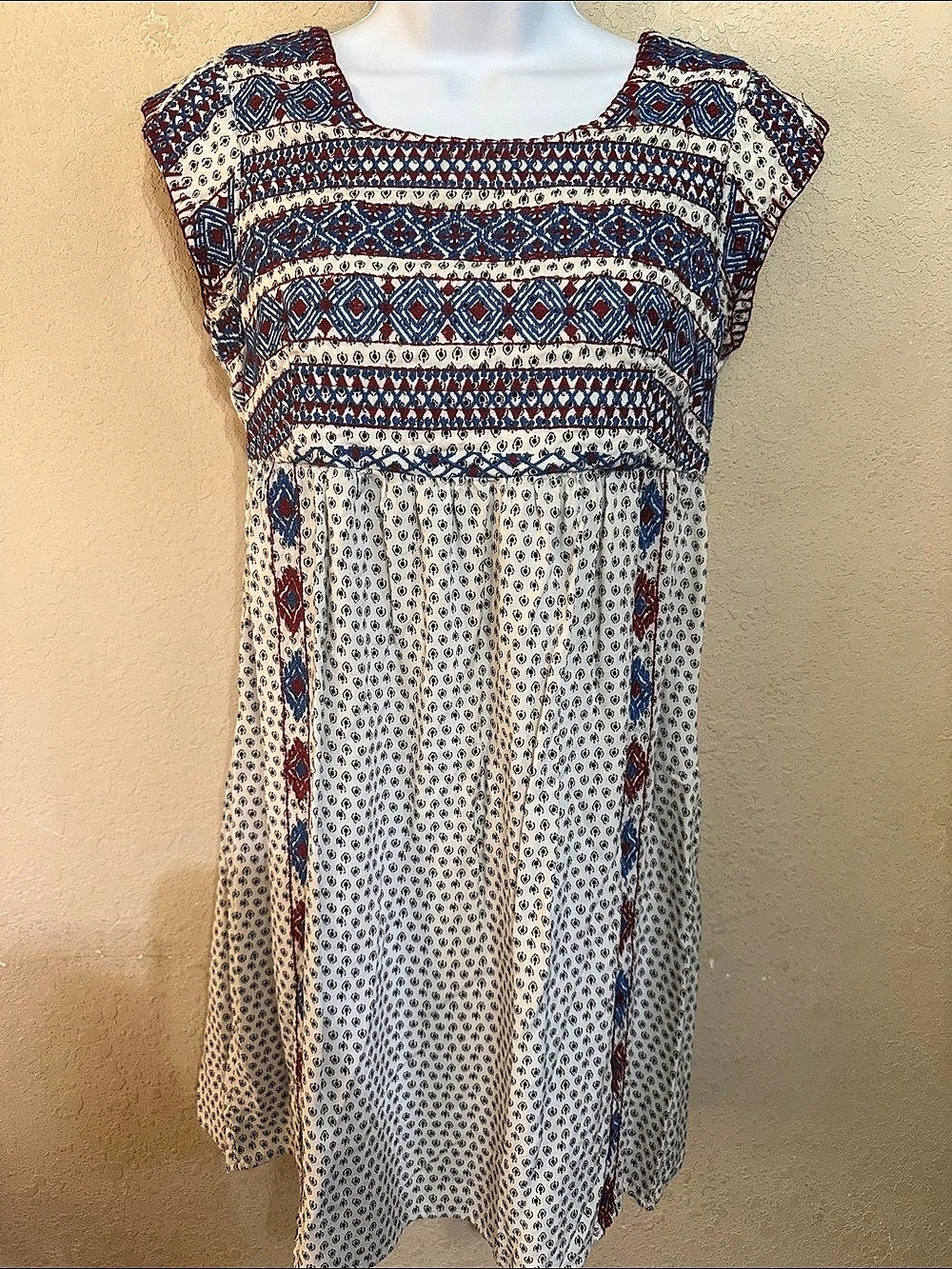 THML Geometric babydoll Mini Dress in White & Blue embroidered 
Size Small